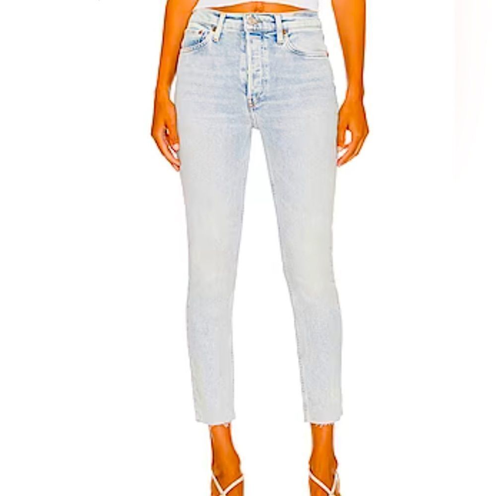 RE/DONE 90’s High Rise Ankle Crop Jeans Calm Waters Blue Raw Hem Sz 28